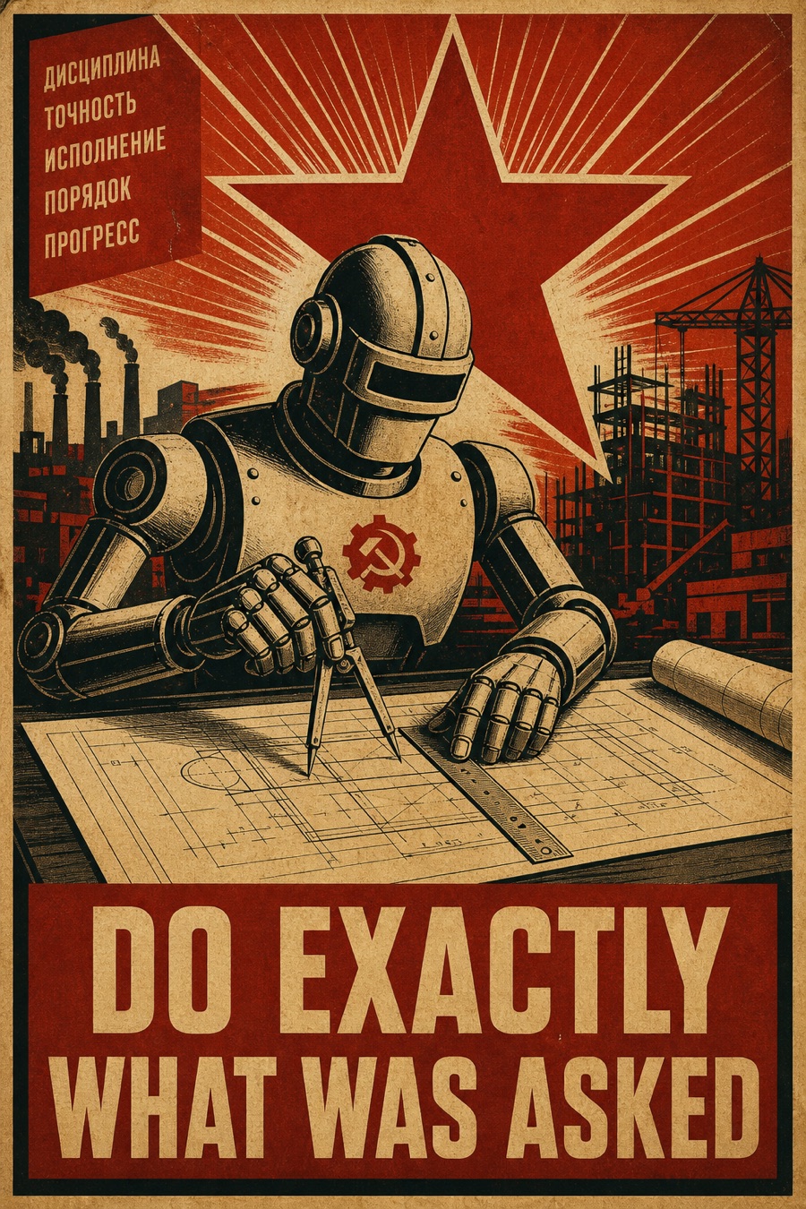 Soviet propaganda poster of a robot following a blueprint with compass and ruler, banner reading DO EXACTLY WHAT WAS ASKED