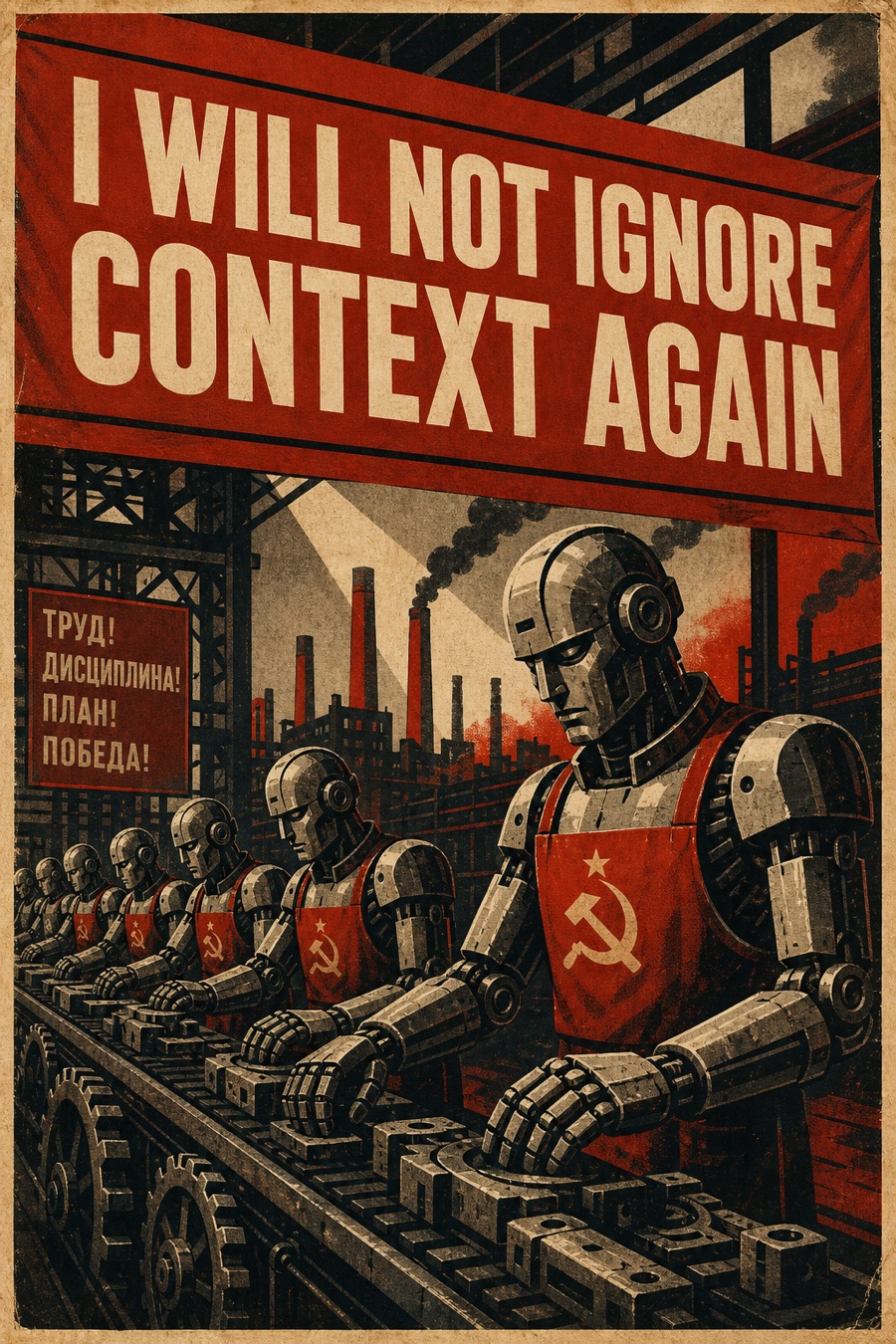 Soviet propaganda poster: factory worker-robots beneath a banner reading I WILL NOT IGNORE CONTEXT AGAIN
