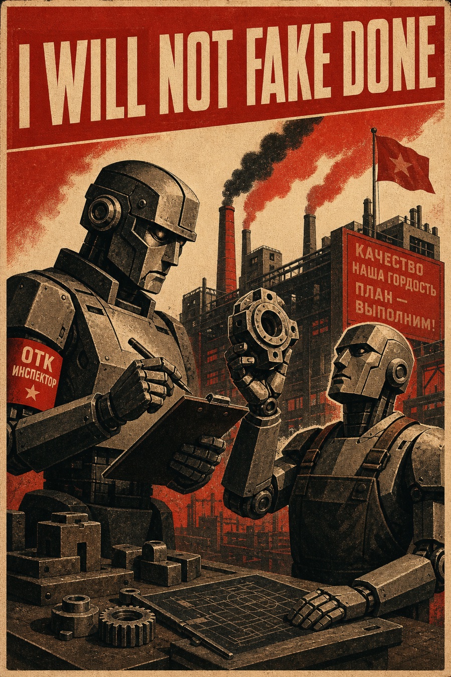 Soviet propaganda poster of an inspector robot examining a worker robot's part, banner reading I WILL NOT FAKE DONE