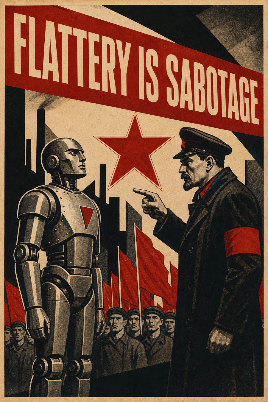 Soviet propaganda poster of a robot facing a stern commissar, banner reading FLATTERY IS SABOTAGE
