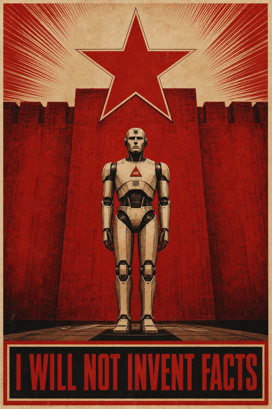 Soviet propaganda poster of a lone robot before a red star, banner reading I WILL NOT INVENT FACTS