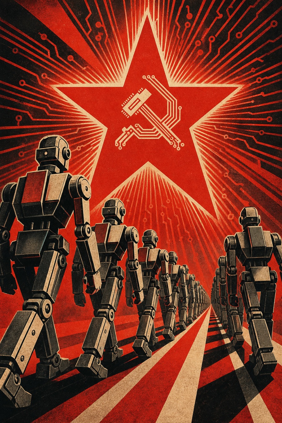 Soviet propaganda poster: rows of worker robots marching toward a red star with a circuit-board hammer and sickle