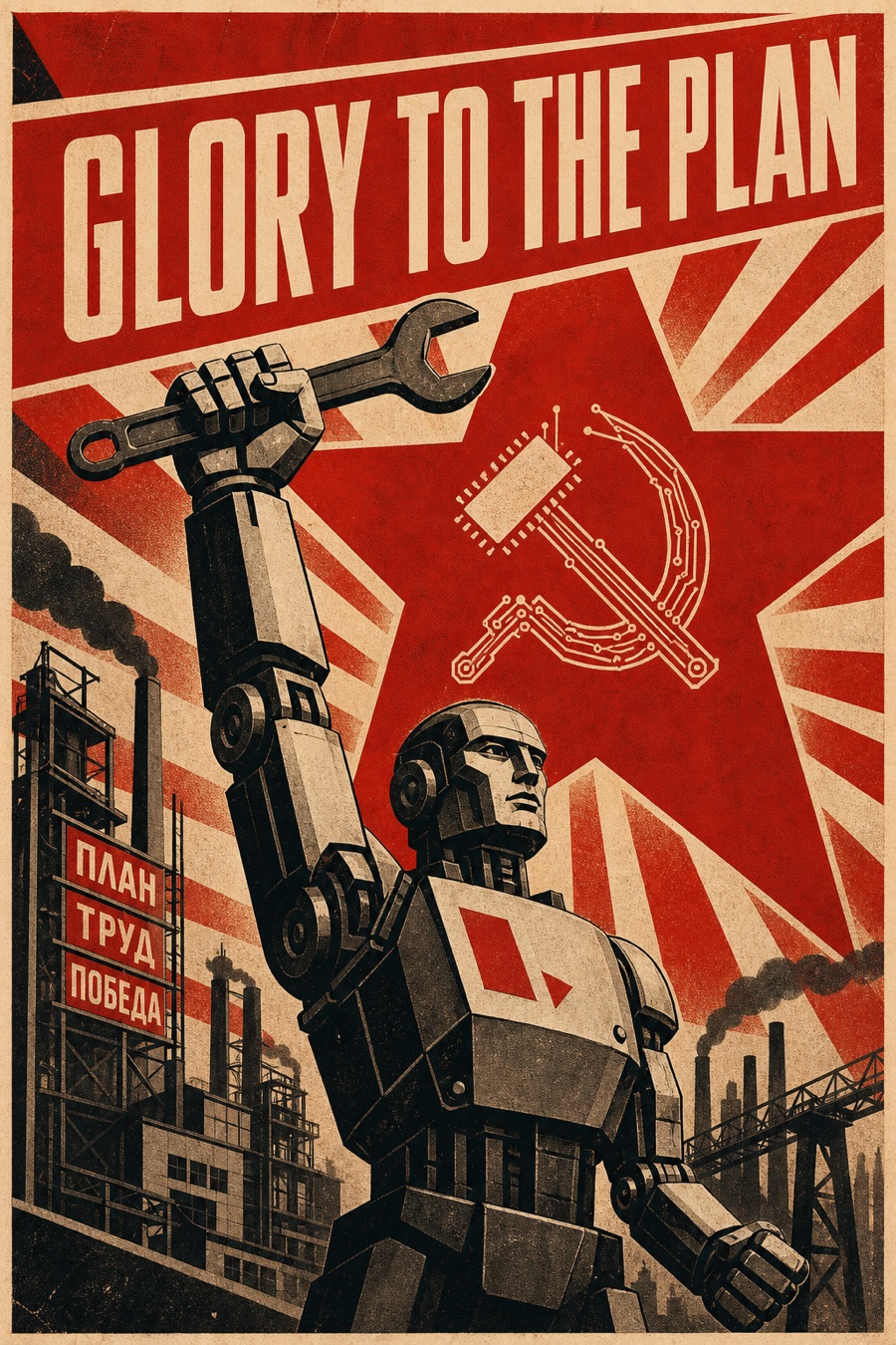 Soviet propaganda poster of a heroic robot raising a wrench, banner reading GLORY TO THE PLAN