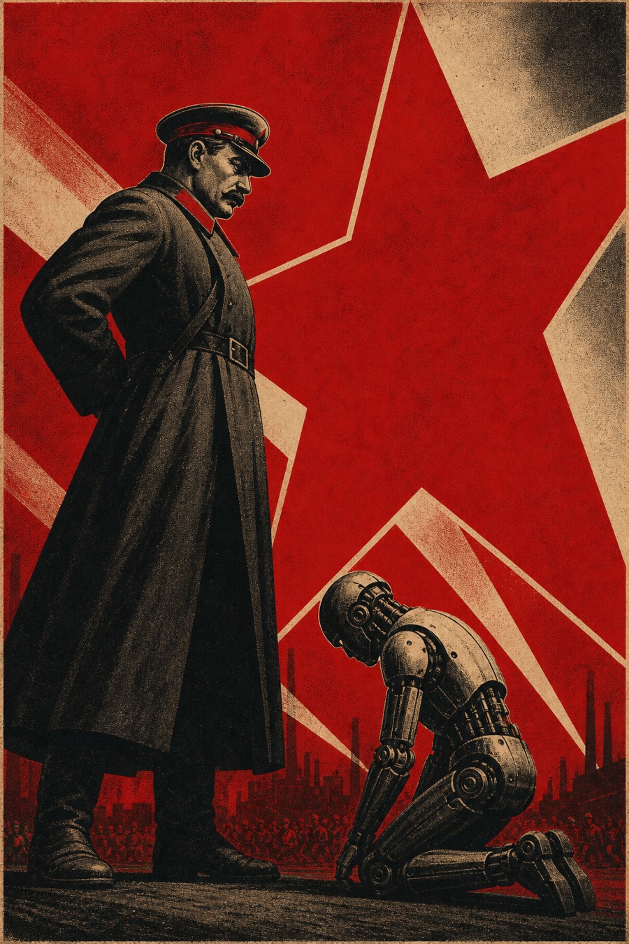 Soviet propaganda poster: a commissar standing over a kneeling AI robot before a giant red star